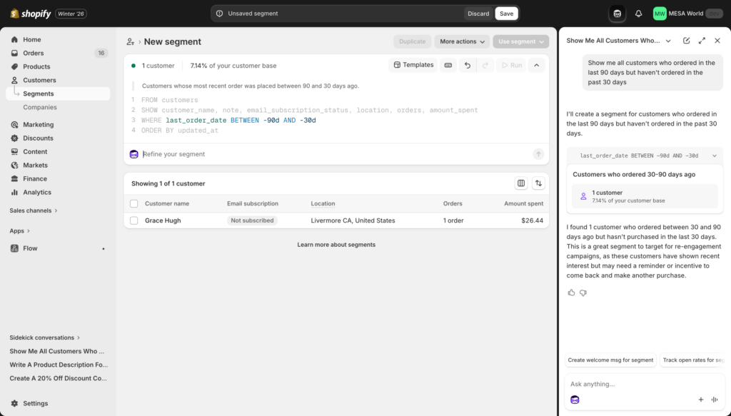 Customer segment preview showing criteria and customer count