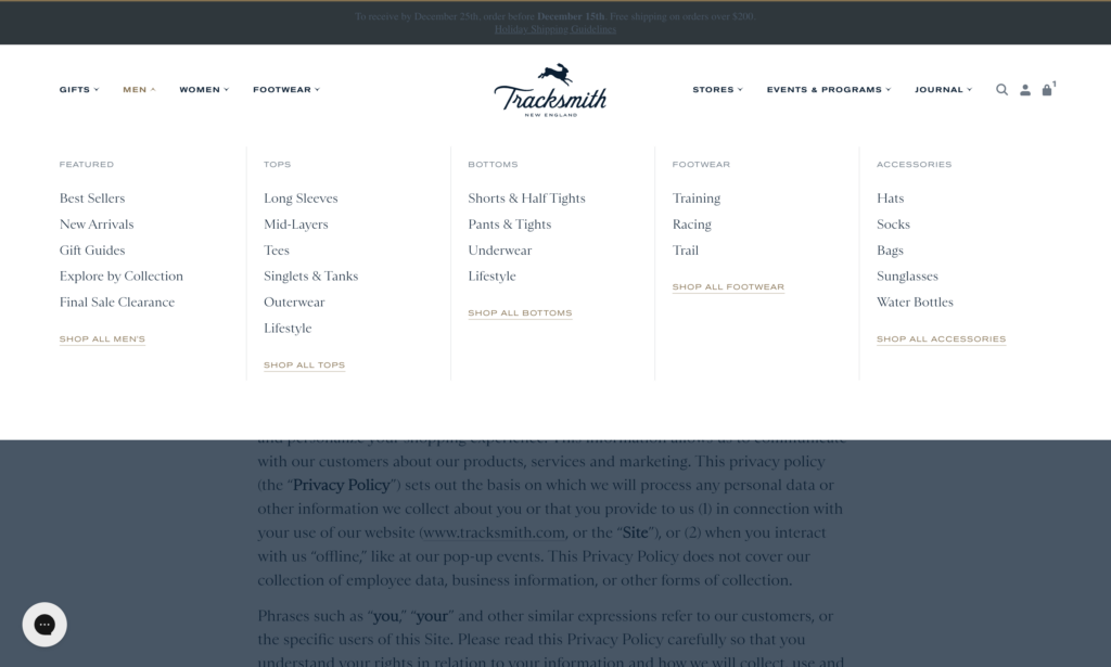 tracksmith.com example: navigation mega menu
