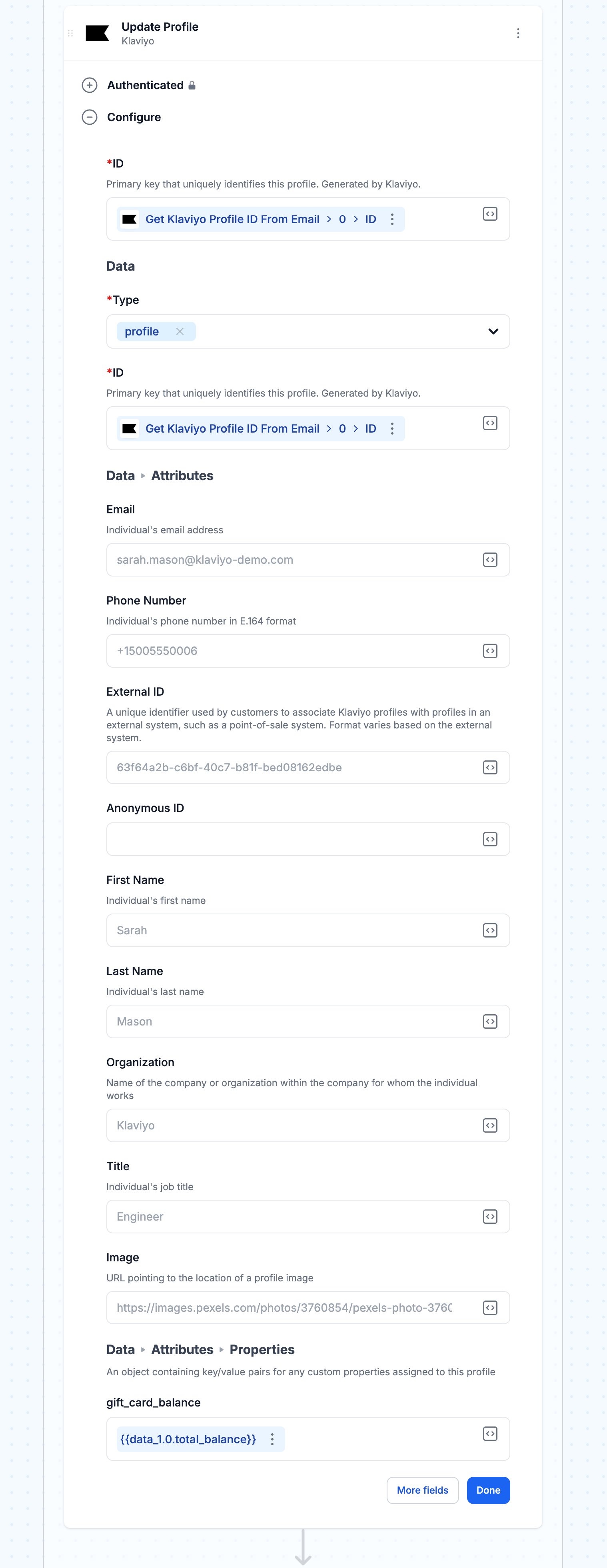 update klaviyo profile