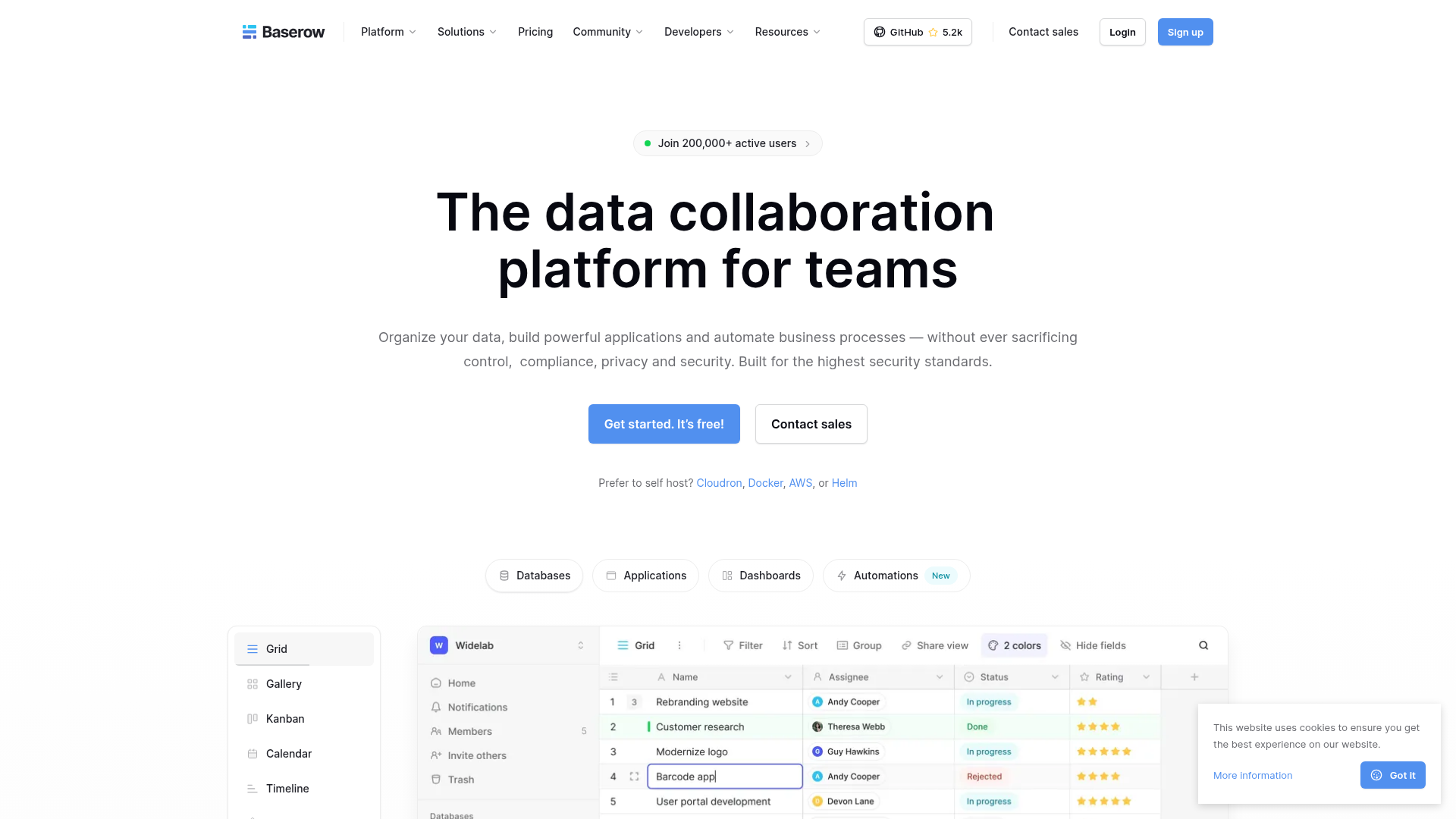 Website screenshot of Baserow