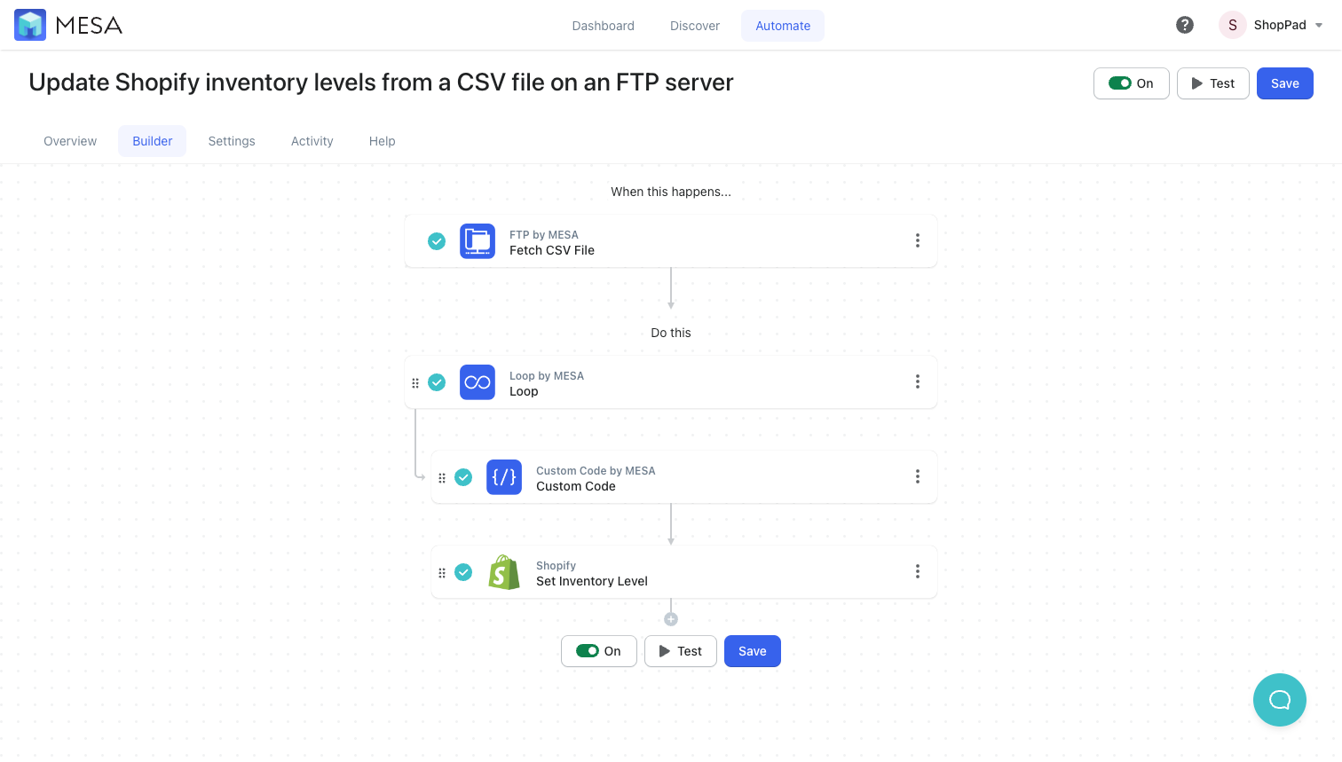workflow complete: Update Shopify inventory levels from a CSV file on an FTP server