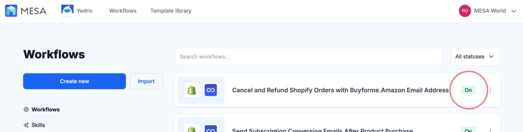 mesa workflow status indicator
