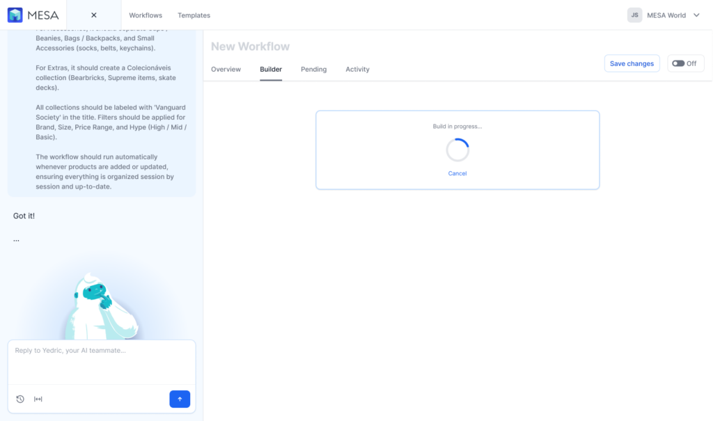 MESA AI chat interface showing a plain-language workflow request being interpreted